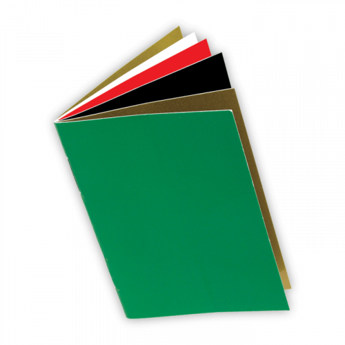 Wordless Book, blank green, gold, black, red, white, gold pages